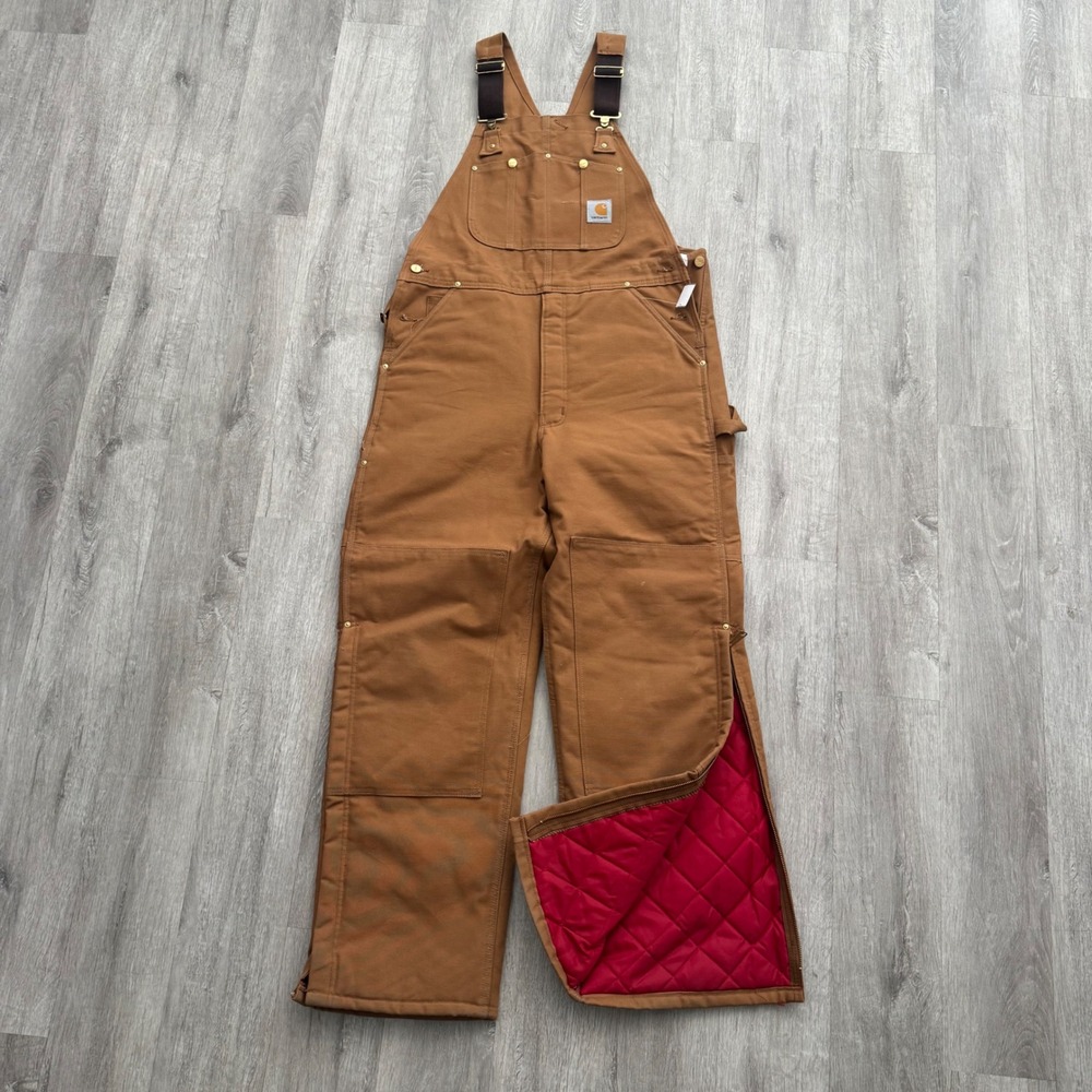 Carhartt R02 BRN Quilted Lined Double Knee Duck Bib Overalls Brown Mens 36x32 - Picture 2 of 8